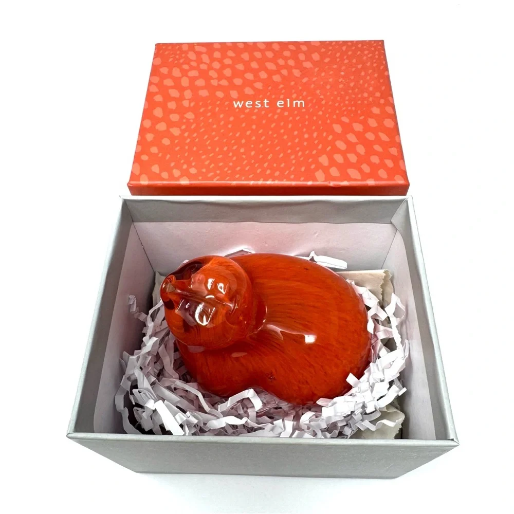 WEST ELM orange glass cat paperweight, NWOT